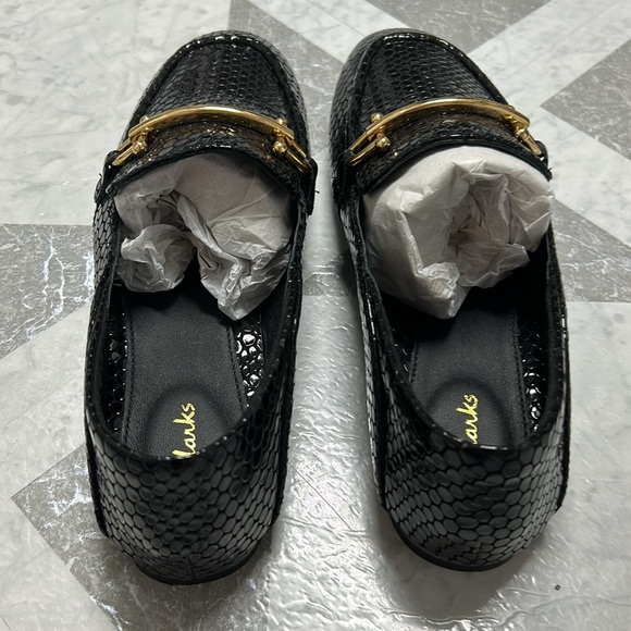 Clarks Black Patent Croc Embossed Loafers with Gold Detail - Picture 5 of 5